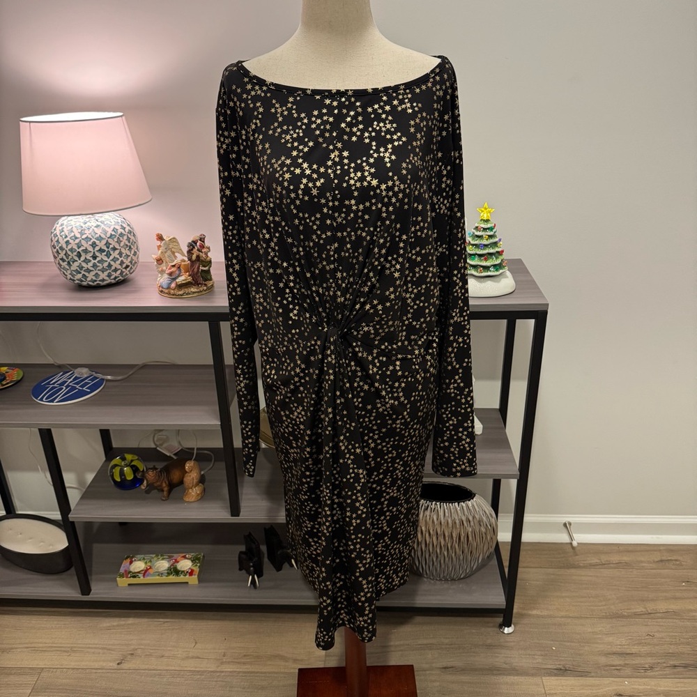 Michael Kors Black & Gold Star Print Twist-Front Dress – Women’s 2X